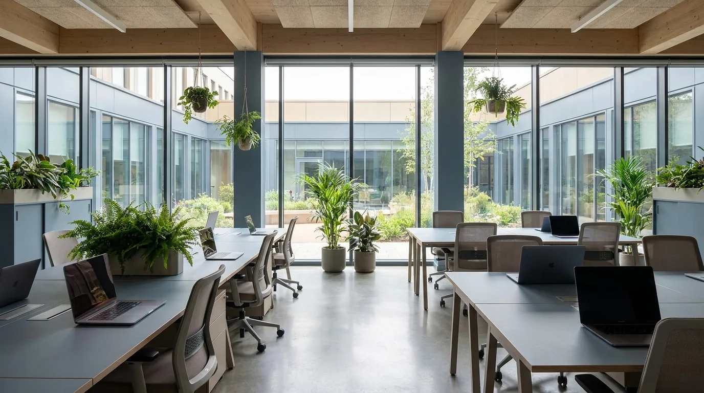 A bright, tidy office workspace with desks, monitors and notebooks beside a large window