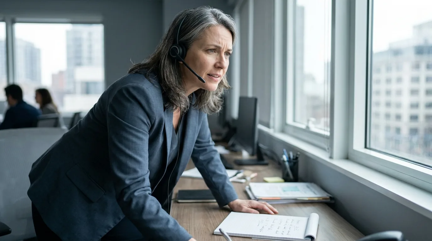 A caller wearing a headset holds a conversation in a bright, naturally lit office